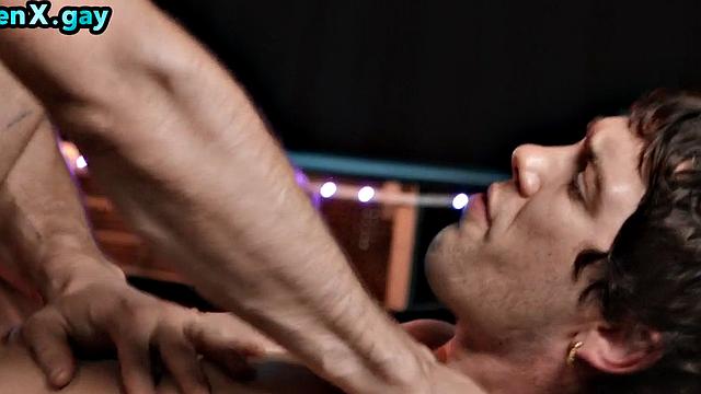 Manly stud bareback fucks bottom in public bar