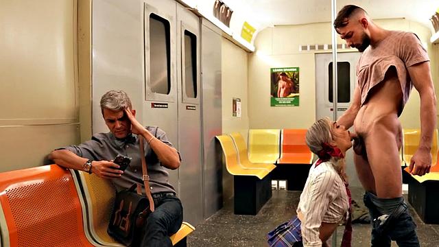 Public trans babe barebacked on train in in front of voyeur