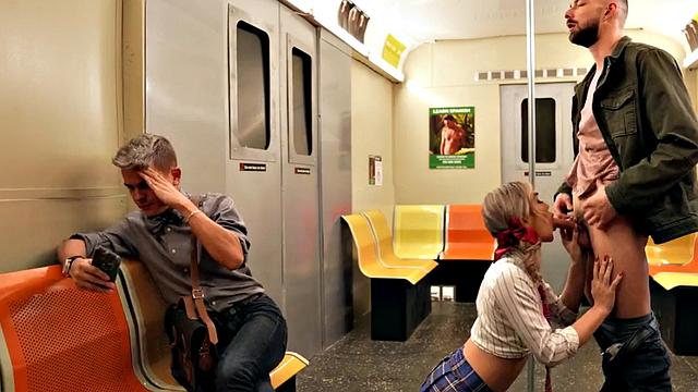 Public trans babe barebacked on train in in front of voyeur