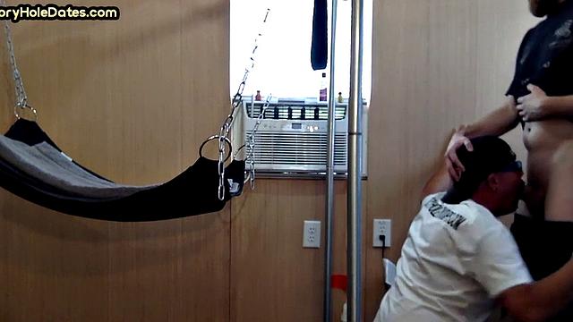 Gloryhole amateur DILF fucked by stud in sling after blowjob