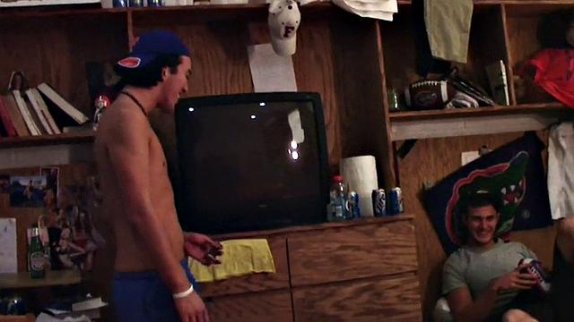 College stud hazed and fucked for frat in voyeur dormitory