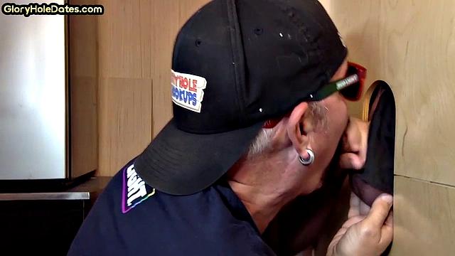 Gloryhole amateur DILF sucks cock for jizz in mouth