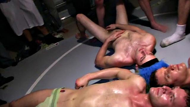 College hazed studs fucked in wrestling orgy for frat
