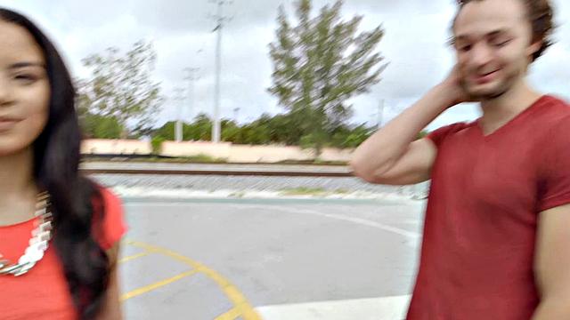 Brunette American teen with high heels fucks outdoors in doggystyle with bald pussy and blowjob