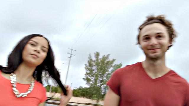 Brunette American teen with high heels fucks outdoors in doggystyle with bald pussy and blowjob