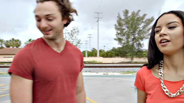 Brunette American teen with high heels fucks outdoors in doggystyle with bald pussy and blowjob