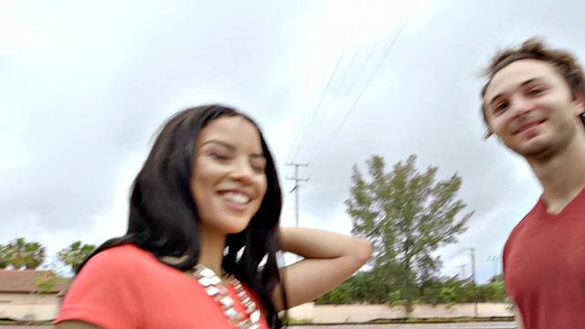 Brunette American teen with high heels fucks outdoors in doggystyle with bald pussy and blowjob