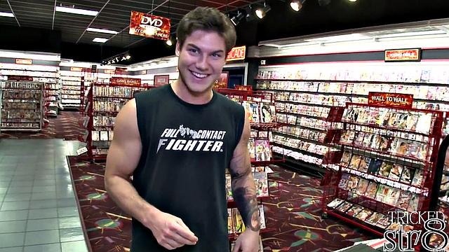 Muscular sporty guy gets surprised at the gloryhole by another man