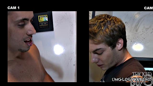 Muscular sporty guy gets surprised at the gloryhole by another man