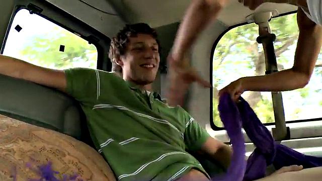 Blindfolded amateur fucked by gay in public van outdoor
