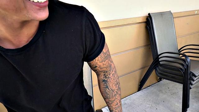 Blindfolded stud picked up for gay sex in van outdoor