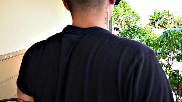 Blindfolded stud picked up for gay sex in van outdoor