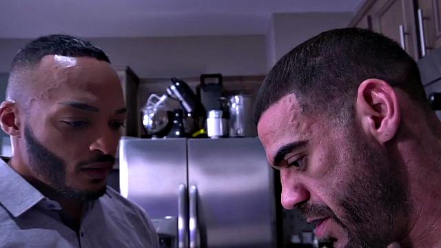 Hairy ripped hunk barebacking in interracial kitchen