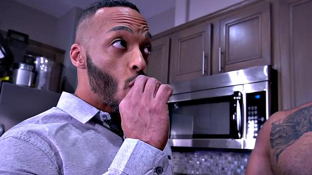 Hairy ripped hunk barebacking in interracial kitchen