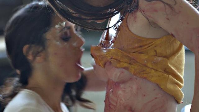 Food fetish dykes rub chocolate pussies on kitchen table