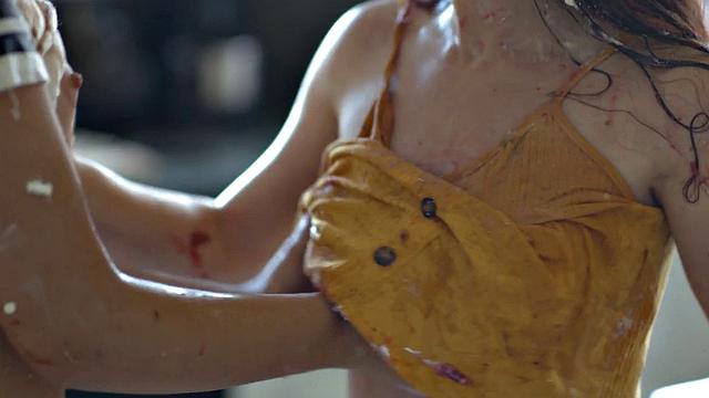 Food fetish dykes rub chocolate pussies on kitchen table