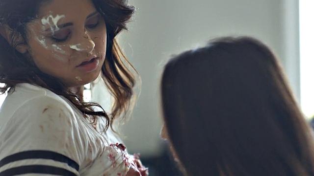 Food fetish dykes rub chocolate pussies on kitchen table