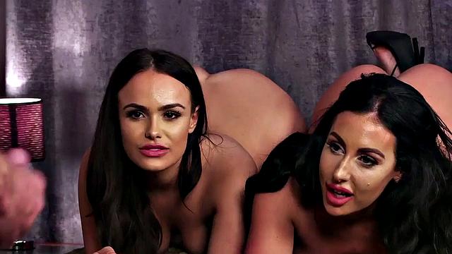 Cumming wanker teased by British femdom voyeur babes