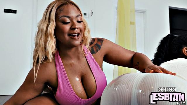 Stunning ebony lesbian teasing GF