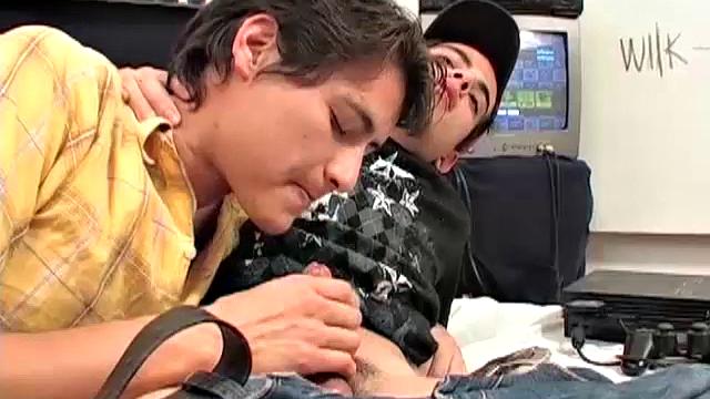 Young Latinos Arturo and Benecio are hanging out on the brd playing video games. But the boys want to play a game with a happy ending and soon the two are naked sucking on each other's big uncut dick.