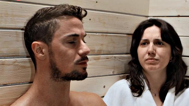 Big Tranny babe enjoys bareback sex with BF in sauna