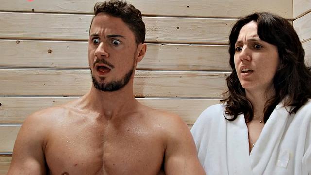 Big Tranny babe enjoys bareback sex with BF in sauna