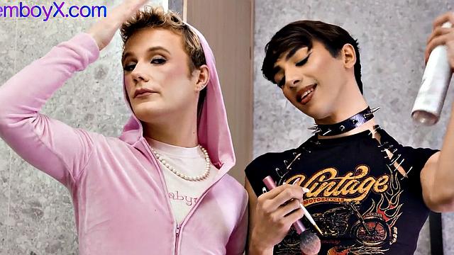 Glam femboys in raunchy threesome