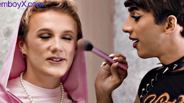 Glam femboys in raunchy threesome