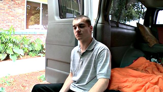 Str8 amateur stud cums on guy in public van outdoor