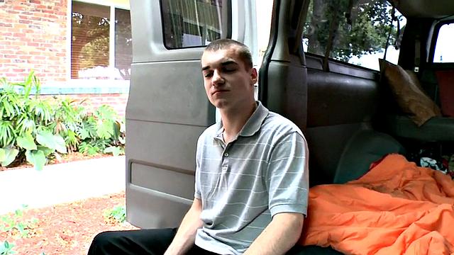 Str8 amateur stud cums on guy in public van outdoor