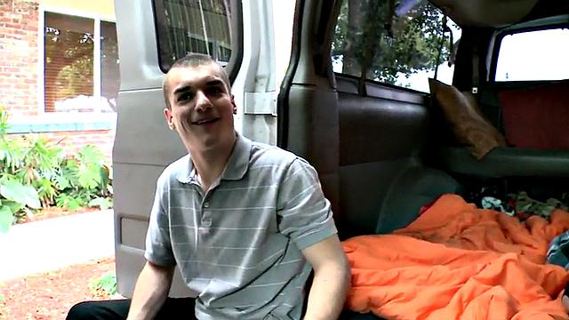 Str8 amateur stud cums on guy in public van outdoor