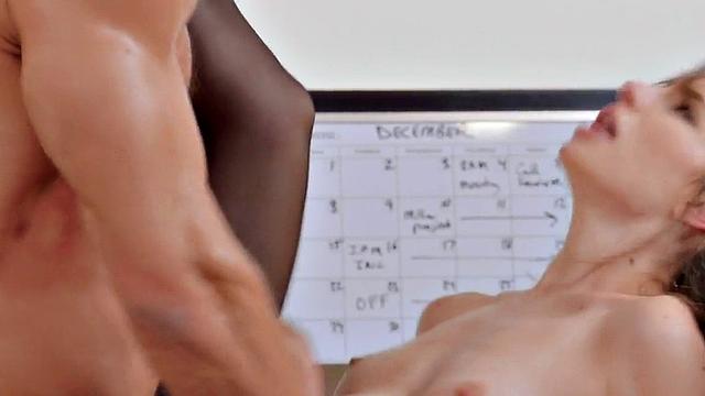 Office babe in stockings rides boss cock while alone