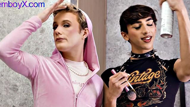 21yo crossdressers bareback fucked in femboy 3way with facial