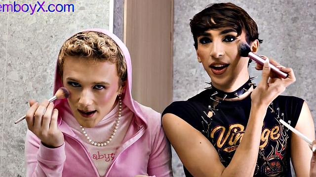 21yo crossdressers bareback fucked in femboy 3way with facial