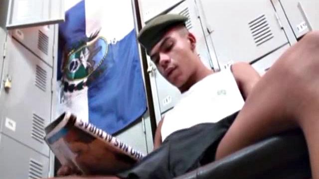 Nuno Santos in the locker room looking at a gay porn magazine and rubbing his big uncut dick. Marcelo Sousa decides Nuno may prefer his huge cock.