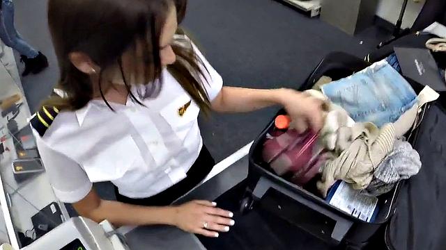 Pawnshop stewardess pussybanged in toilet after cocksucking