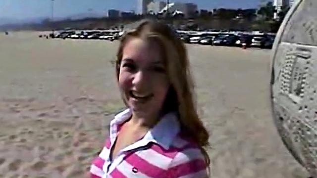 Little April fingering her tight brown hair-free pussy in the car