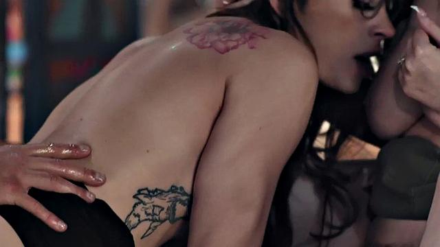 Transgender filled in asshole by male in threesome