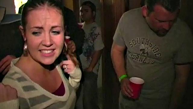 Brunette fucked and jizzed by four guys at fuckfest