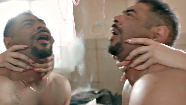 Redhead TS with big boobs barebacks man in bathroom