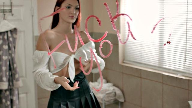 Redhead TS with big boobs barebacks man in bathroom