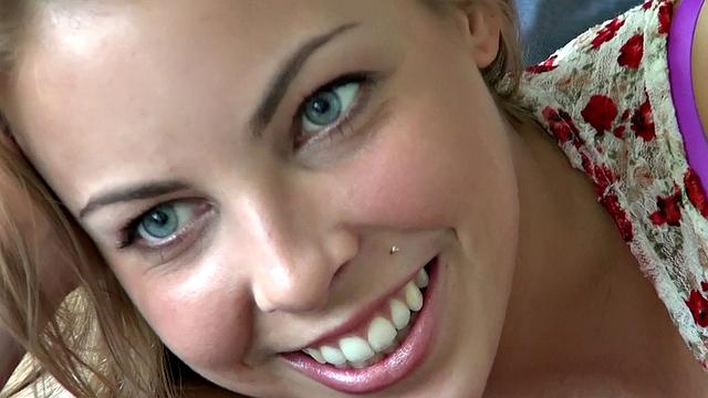 Blonde bombshell rubs her pussy and gives a tight handjob in thong