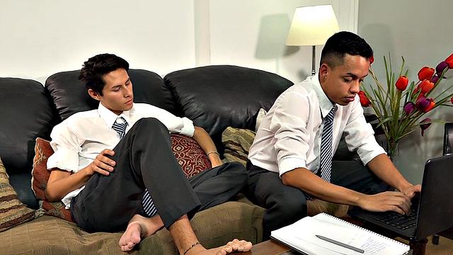 Young Latinos Giorgio and Dimitri are at home working on some school assignments when lust takes over and the two start kissing. It isn't long before Dimitri has Giorgio's big uncut cock in hand and wastes little time going down.