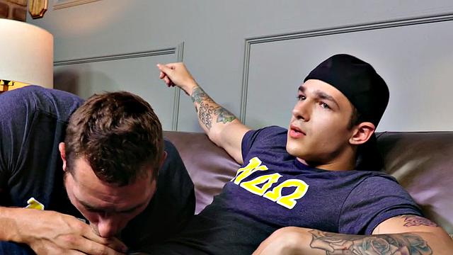 Inked stud cums after bareback by assfucked BF