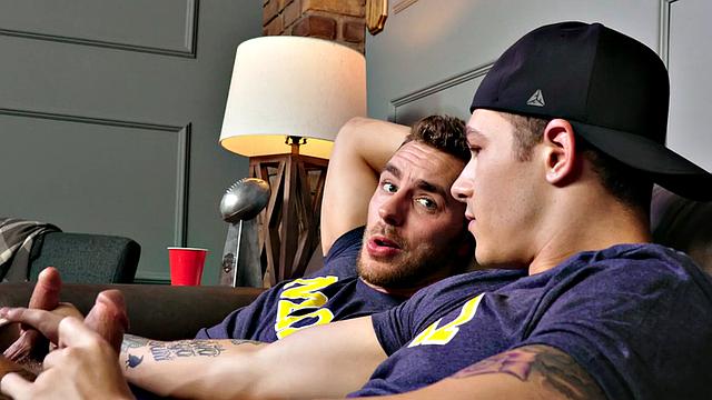 Inked stud cums after bareback by assfucked BF