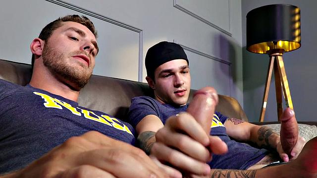 Inked stud cums after bareback by assfucked BF