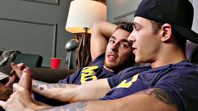 Inked stud cums after bareback by assfucked BF