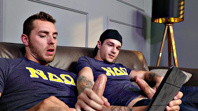 Inked stud cums after bareback by assfucked BF