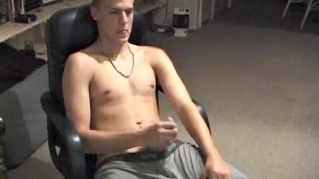 Lance is hot when he looks into the camera and plays with his cock. He asks if we want to suck his dick, before blowing a warm cum load all over his chair and having a taste for the very first time.