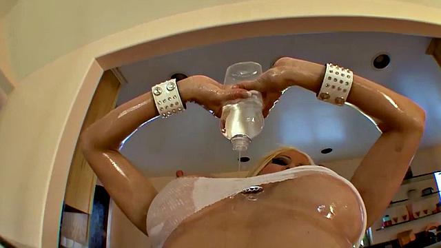 Blonde MILF with big tits gets her pussy licked before footjob in erotic couple